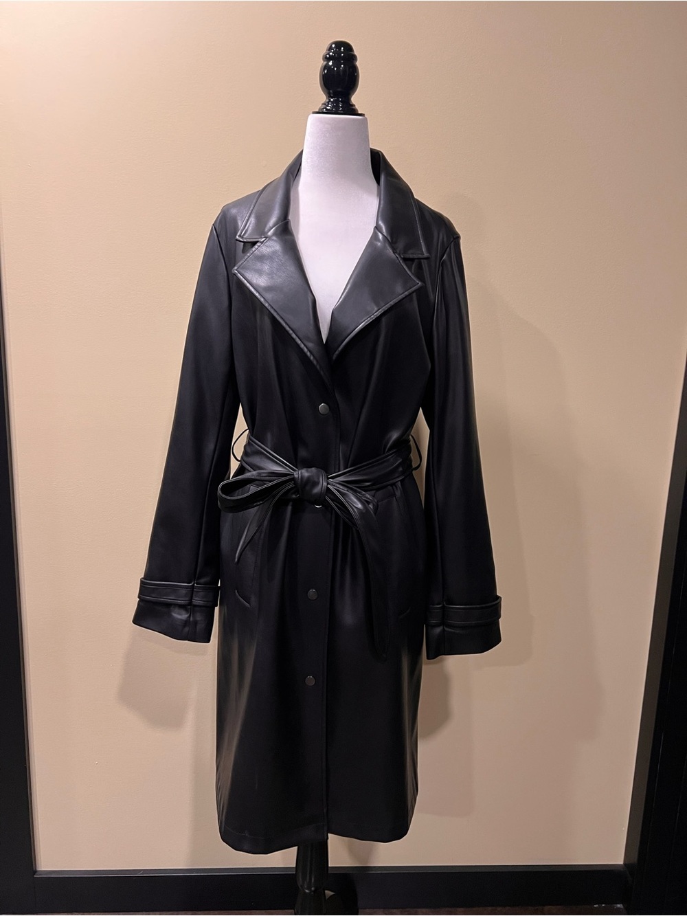 Unreal Fur Black Faux Leather Belted Trench Coat